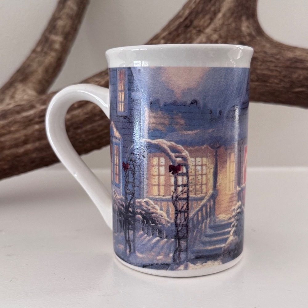 Thomas Kinkade Holiday Blessings Mug 2010 Winter Snowman Christmas Cottage Mug